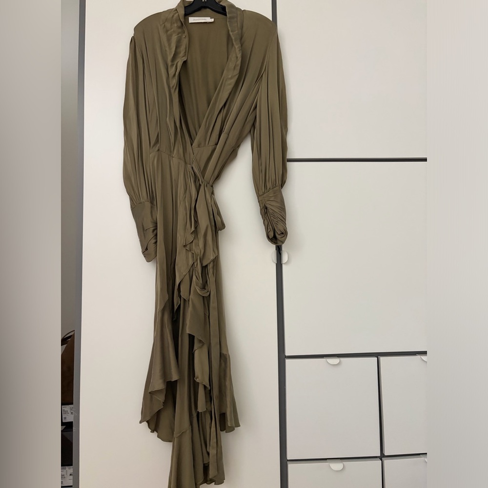 Zimmermann Olive Wrap Ruffle Maxi Dress